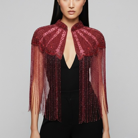 Jackets & Blazers - Red Beaded Fringe Cape